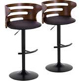 Cosi Adjustable Swivel Bar Stool in Black Metal, Walnut Wood & Brown Leatherette (Set of 2)